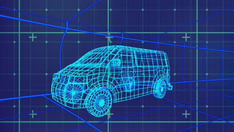 animation of data processing and shapes over digital car on blue background