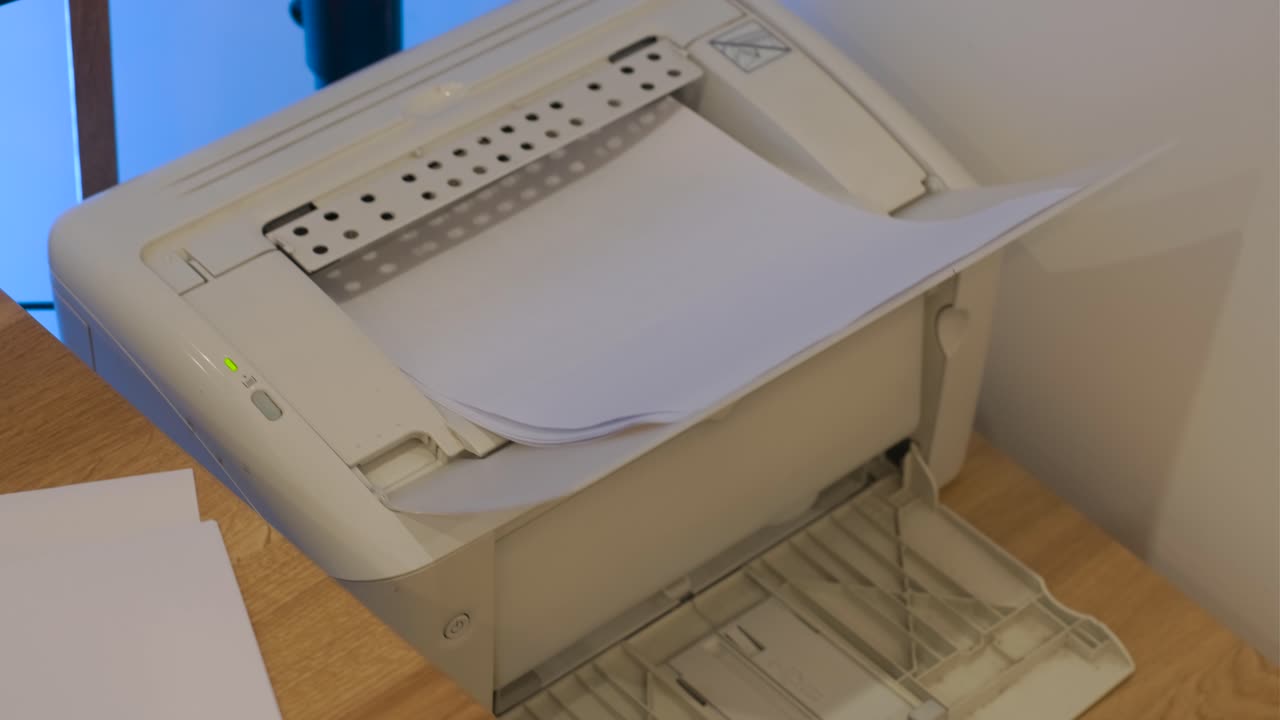 Impressora branca imprimindo documentos em papel em um ambiente de escritório.