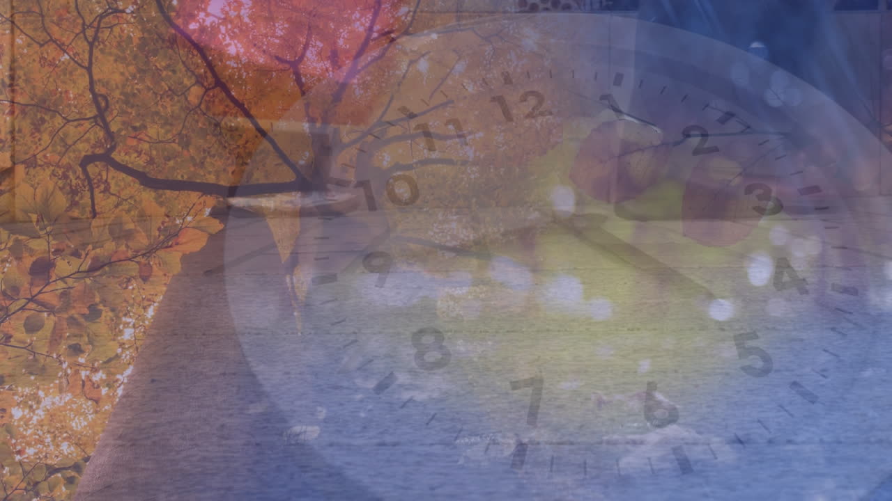 거리에서  ⁇ 고 있는 사람들 위에 걸어가는 시계의 애니메이션