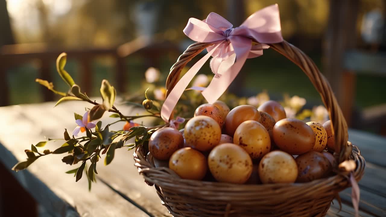 Wicker basket holds painted eggs. Pink ribbon adorns the basket's handle. Fresh greenery leans beside the eggs. Sunlight glows through the trees. Peaceful countryside setting