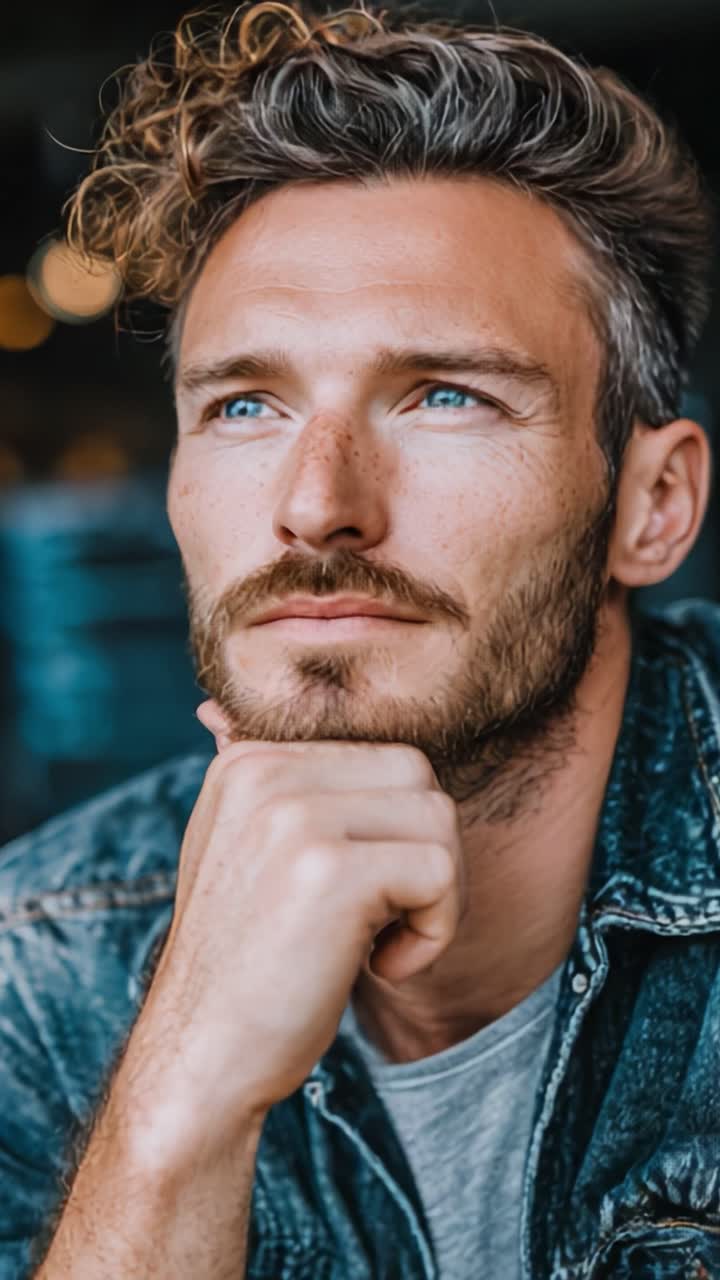 Un ritratto toccante di un uomo con capelli ricci e penetranti occhi blu, immerso nella contemplazione, catturato in due aree di lavoro distinte che ne mettono in risalto le espressioni e lo stile.