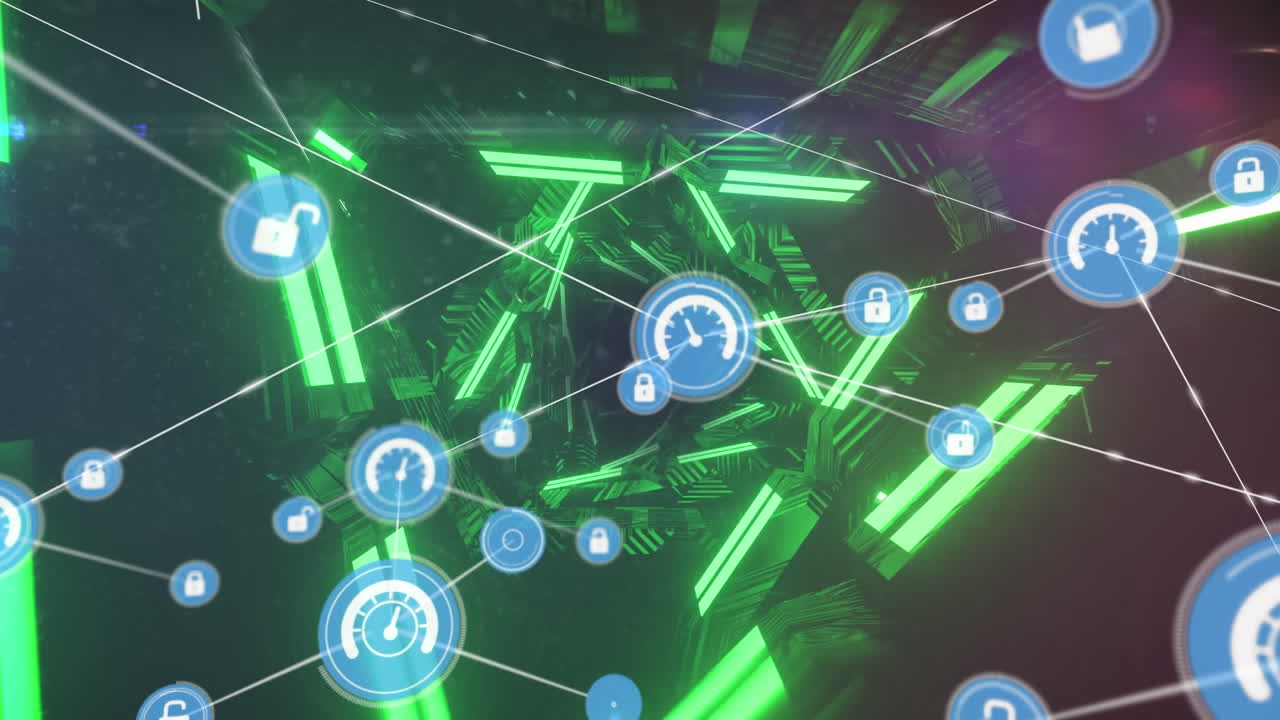 animación de iconos conectados sobre líneas que forman un túnel contra un fondo negro