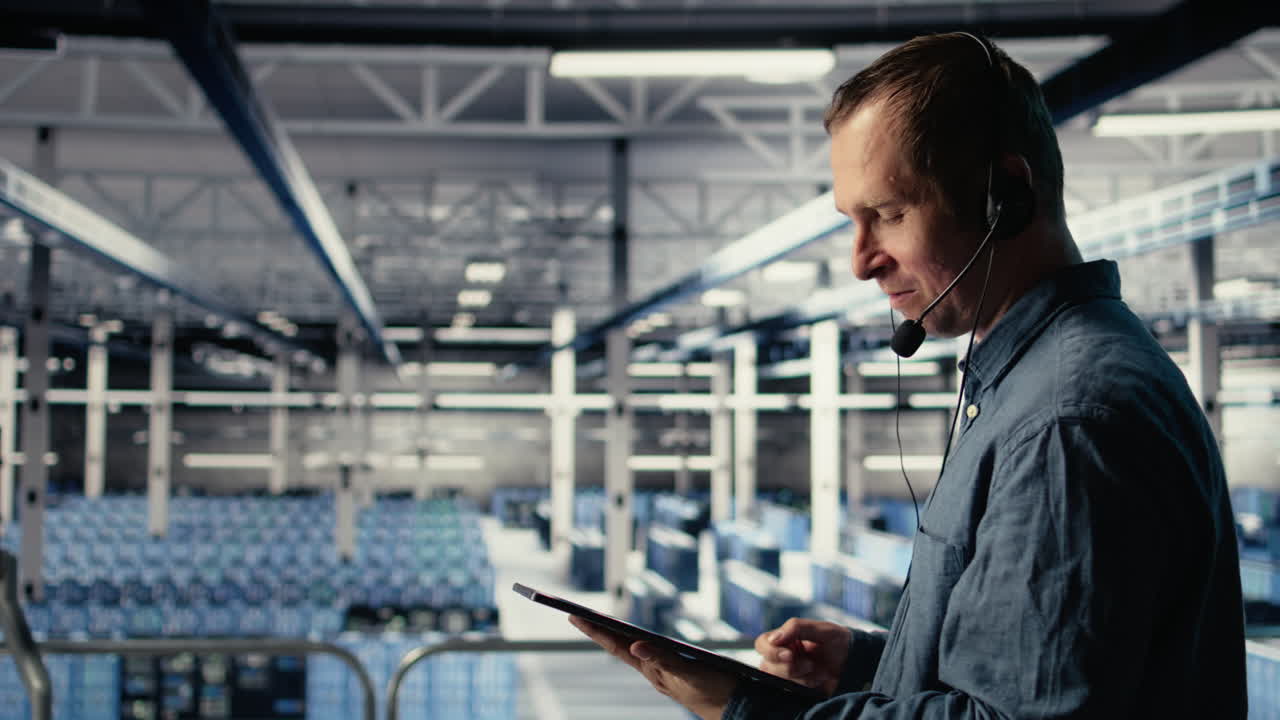 Data Center Admin Talking In Audio Headset Mic, Helping Clients