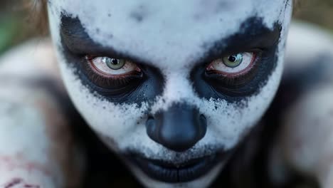 a close up of a woman with white face paint and green eyes