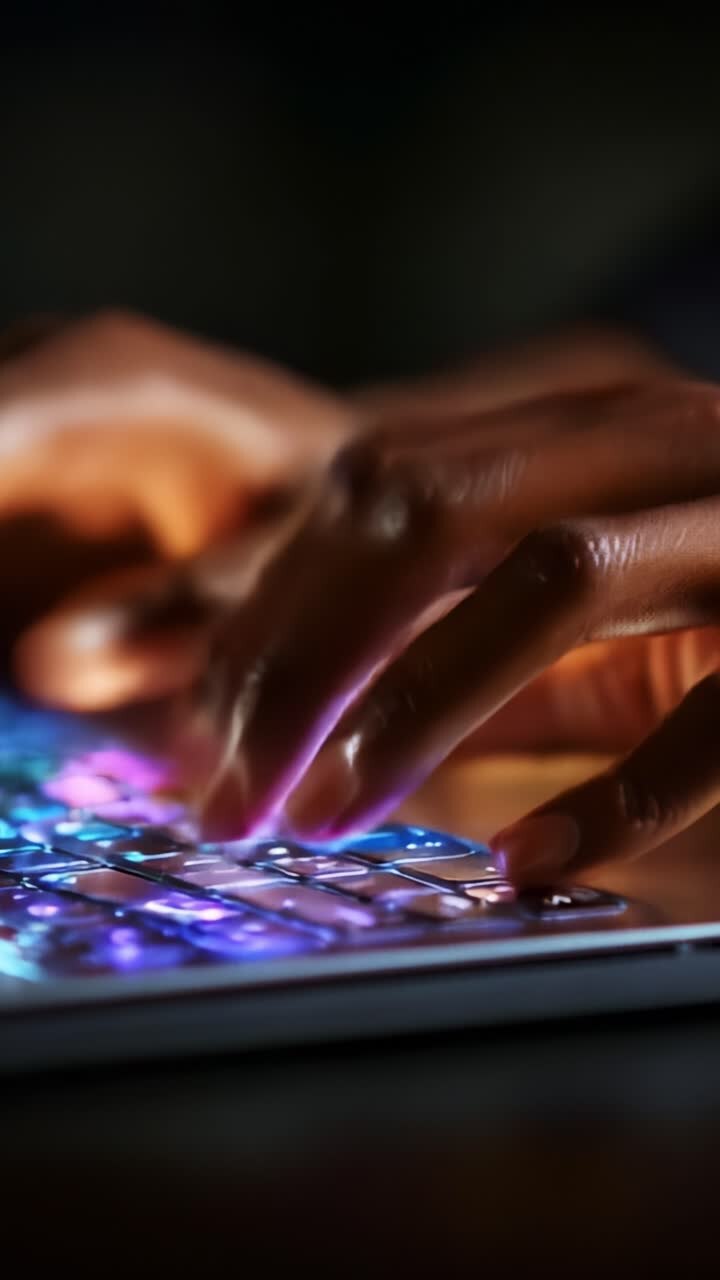 Illuminated Keyboard Interaction: A Close-Up Perspective of Hands Typing on a Colorful Backlit Keyboard, Emphasizing Focus and Digital Engagement in Low Light
