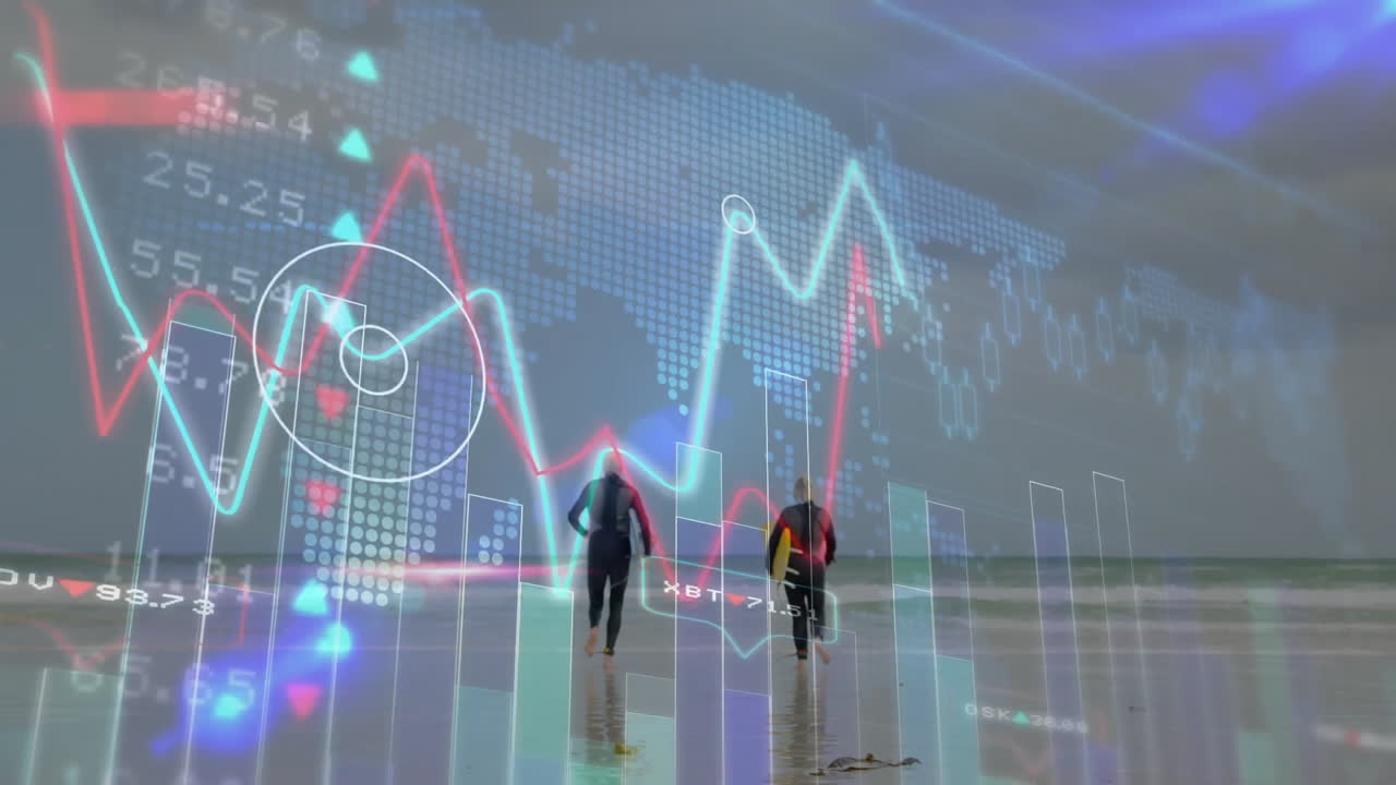 Running on beach, two people with financial data and graphs animation ...