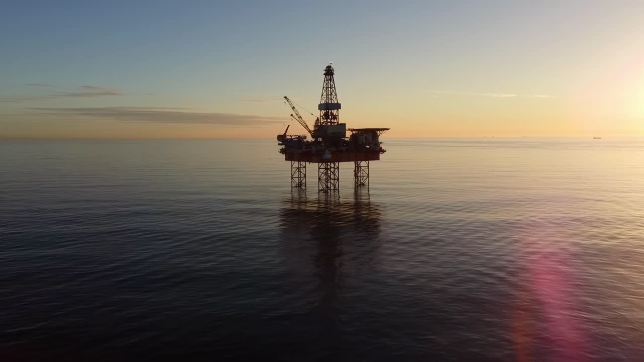 Luftvideo af en offshore olieplatform ved solnedgang, der fanger en smuk havudsigt ovenfra