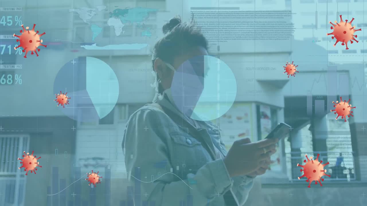 Animation of data processing over biracial woman with face mask using smartphone