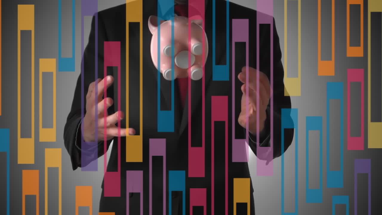 animación del patrón sobre la sección media del hombre de negocios lanzando y atrapando la alcancía