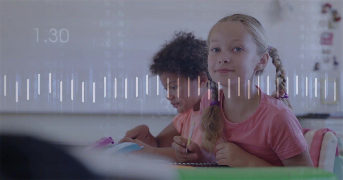 Two kids sitting at desk writing as data graph appearing shifting, lead girl glancing for education
