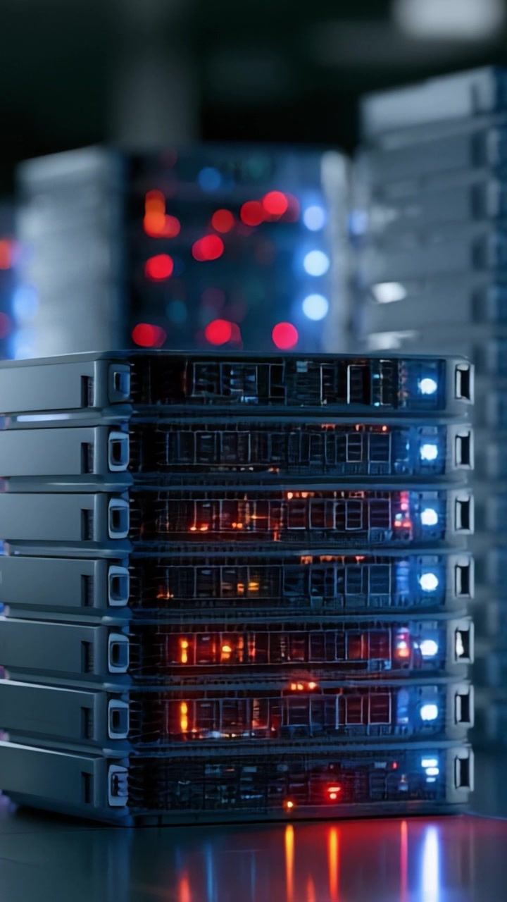 High-Performance Server Stack with Illuminated LEDs in a Data Center, Showcasing Advanced Computing Technology and Network Infrastructure