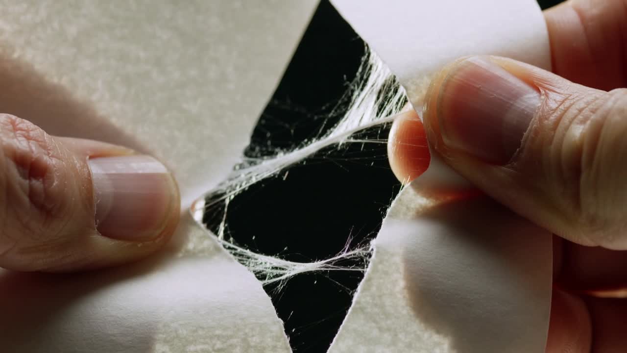 Placing thumbs, hands pulling paper diamond hole edges apart in closeup, stretching fibers taut