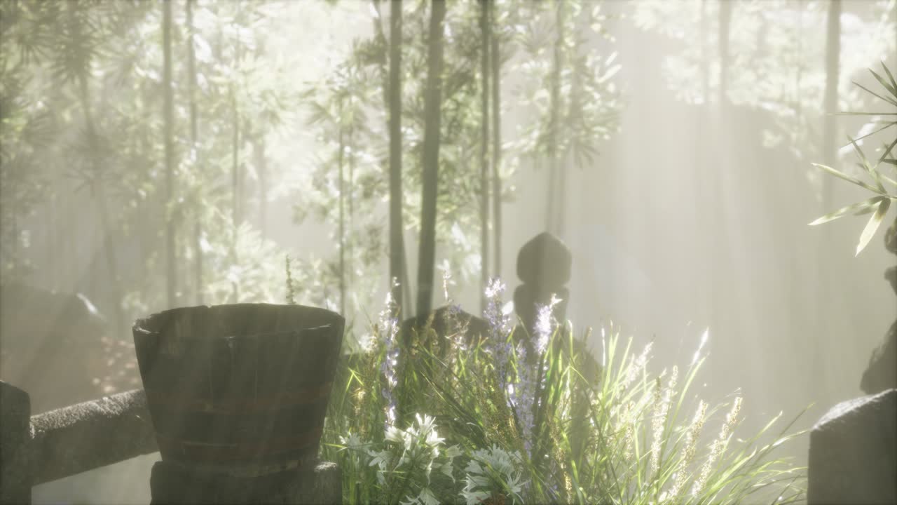 일본 대나무 숲 과 녹색 초원 잔디 와 자연 빛