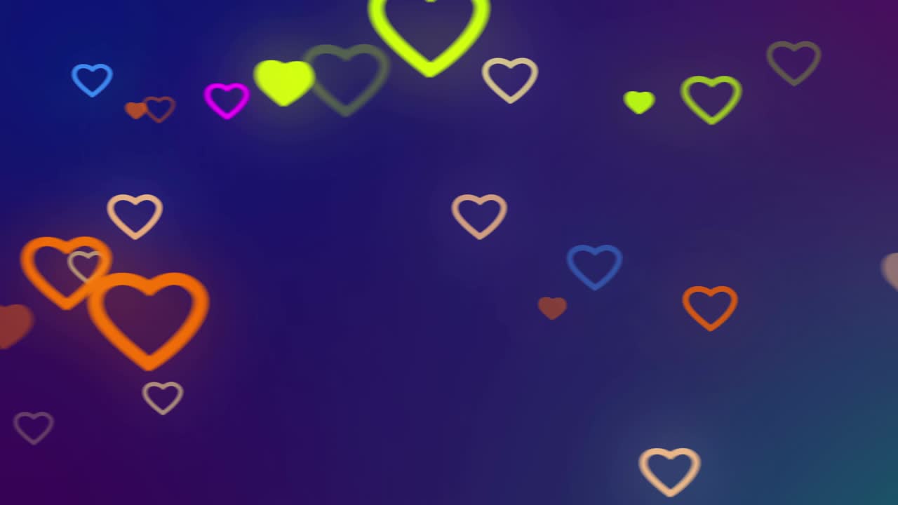 빛나는 다채로운 심장은 서로 다른 거리에서 다른 속도로 움직입니다.