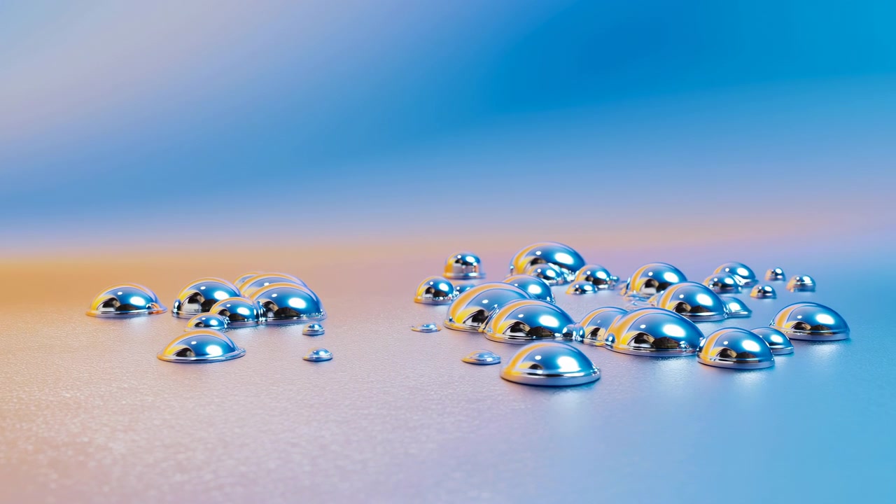 Clustered glossy droplets rest on finely textured surface under soft diffuse lighting, creating bright reflections, subtle pastel color shifts, smooth depth, and elegant minimalist visual rhythm
