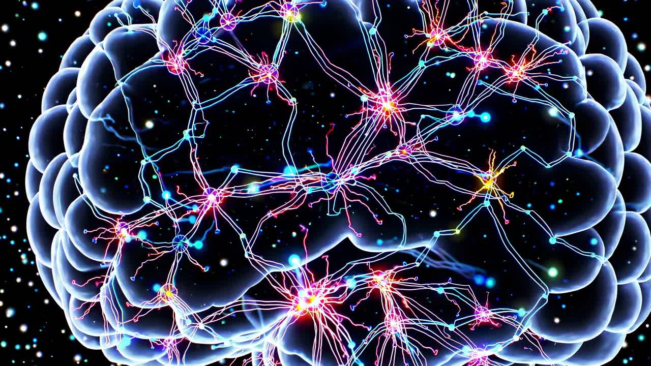 Aerial view of a digital brain with glowing neural connections, illustrating a futuristic concept