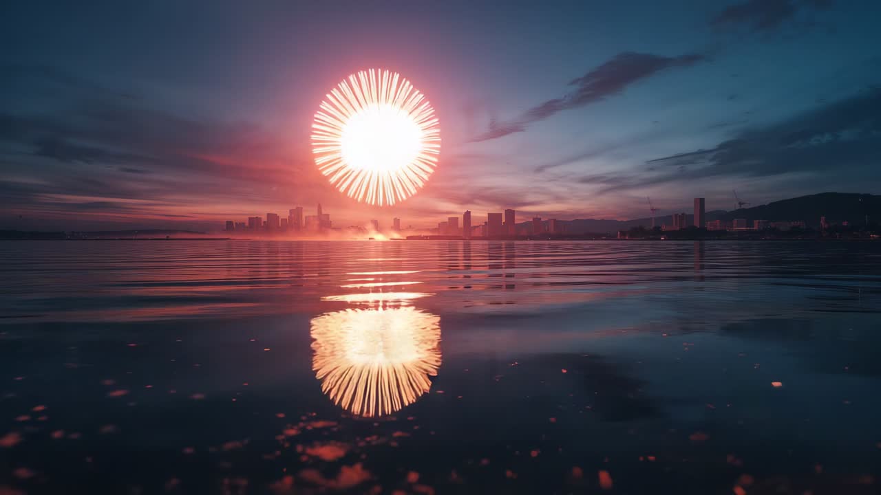 Launching firework bursting into golden blooms then fading to embers at dusk waterfront reflection