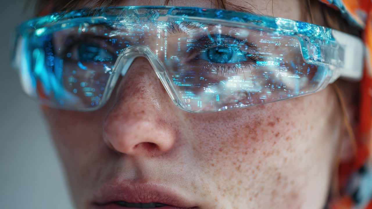 A Close-Up Portrait of a Individual Wearing High-Tech Protective Eyewear, Showcasing Unique Glare and Reflections For Advanced Technology and Safety