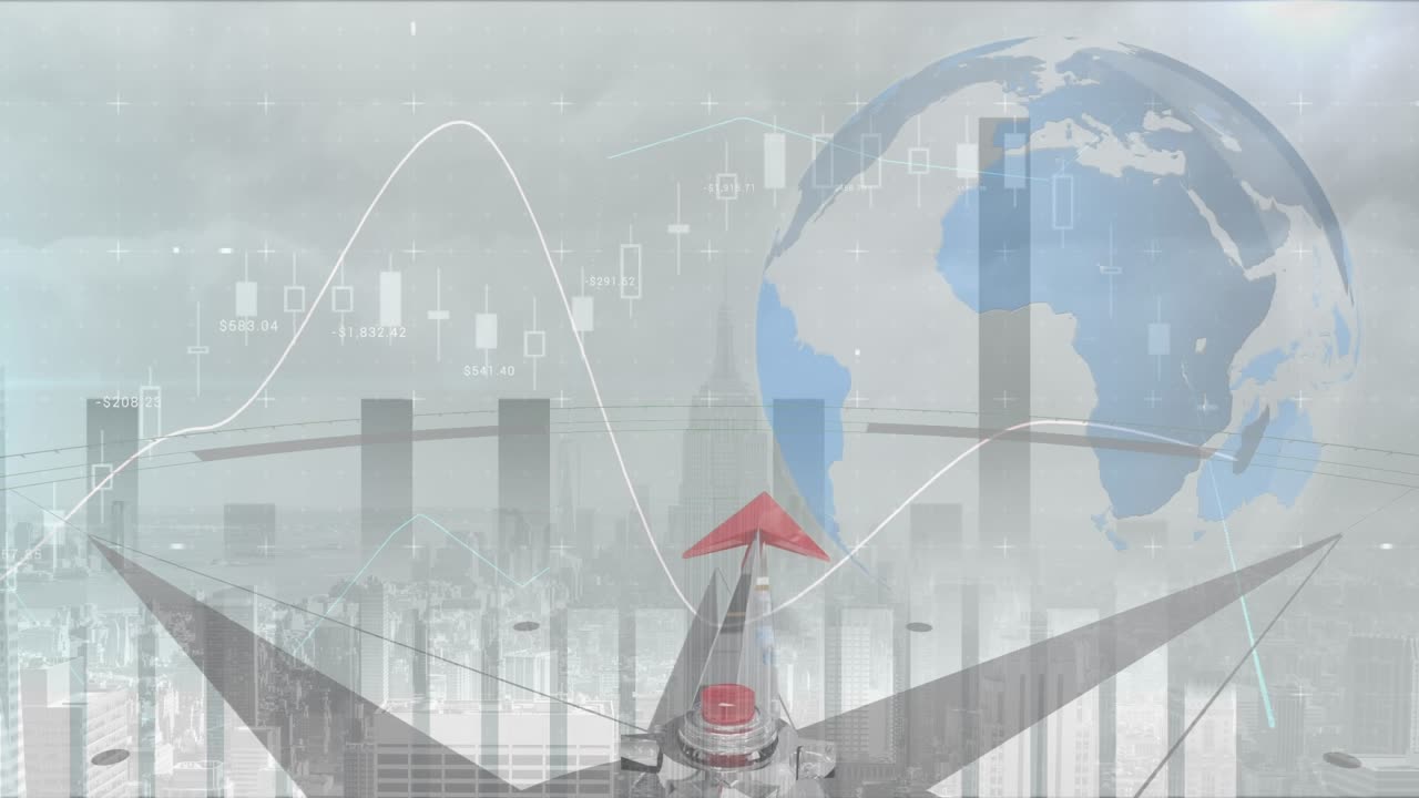 Animation of navigational compass moving on graphs, globe against ...