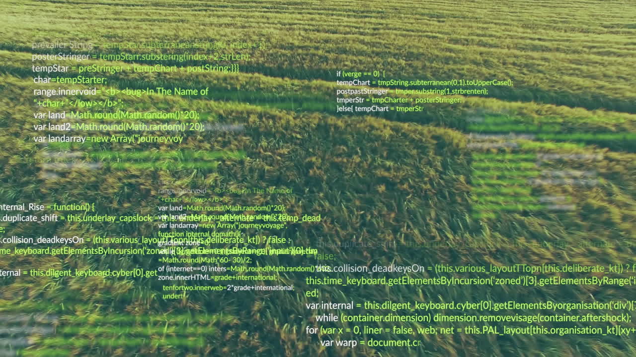 Programming code animation over aerial view of agricultural field