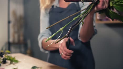 professional female floral artist preparing a bouquet, florist cutting flower stems at flower shot. floristry, handmade and small