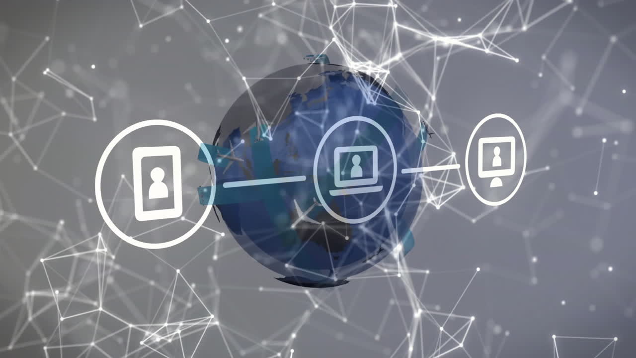 Animation of network of connections with icons over globe on white background