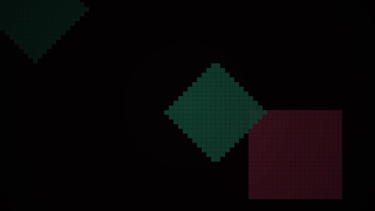 Animación dinámica de formas geométricas pixeladas sobre fondo oscuro