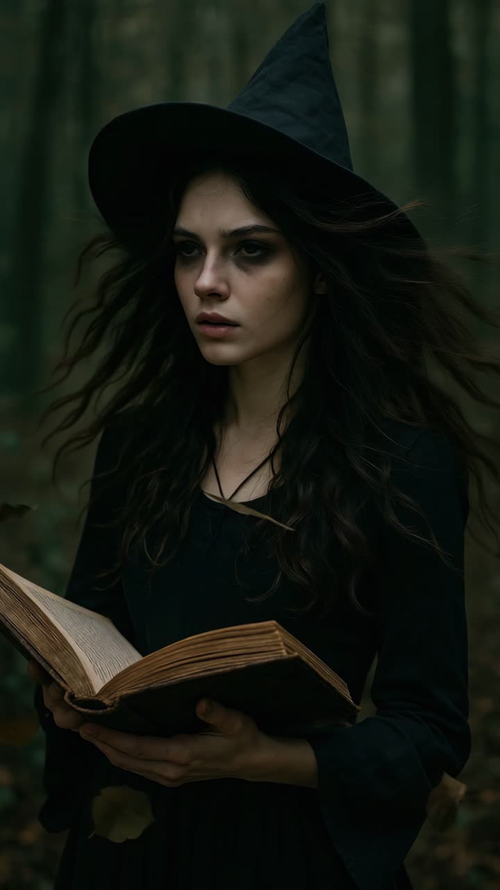 Una strega misteriosa in una foresta oscura legge un libro antico. Il video la riprende da un angolo basso.