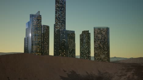 Rascacielos-De-La-Ciudad-En-La-Noche-En-El-Desierto