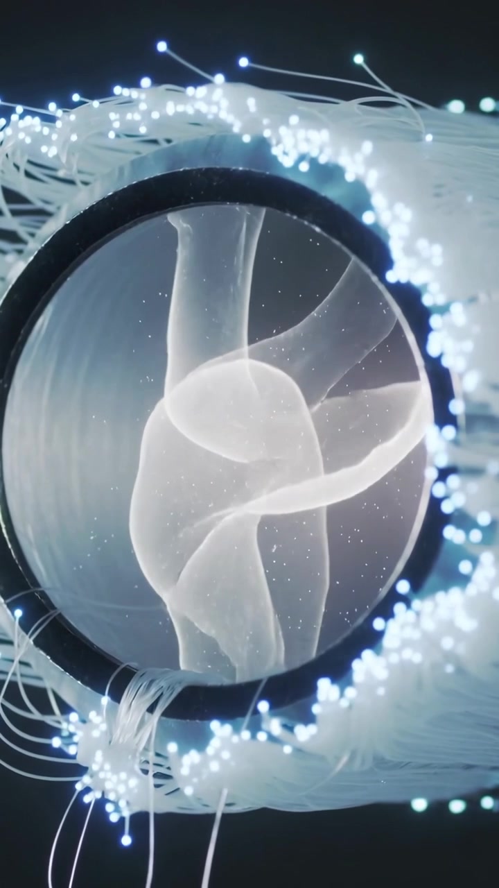 Video verticale: Membrane sottili che si espandono formando un braccio all'interno di un anello in studio, con fibre luminose