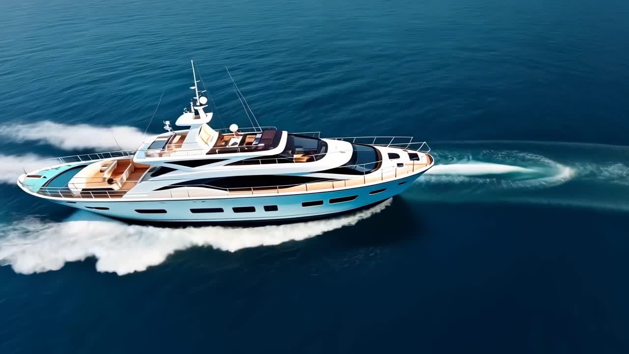 Aerial view of a luxury yacht cruising through deep blue waters, capturing a serene travel vibe