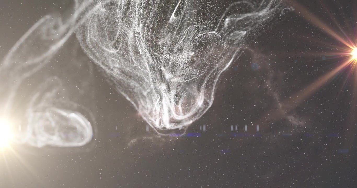 Asteroid kommer ind øverst til venstre, hvid sky dannes og krøller ind i en filamentende, der viser kosmisk fødsel.