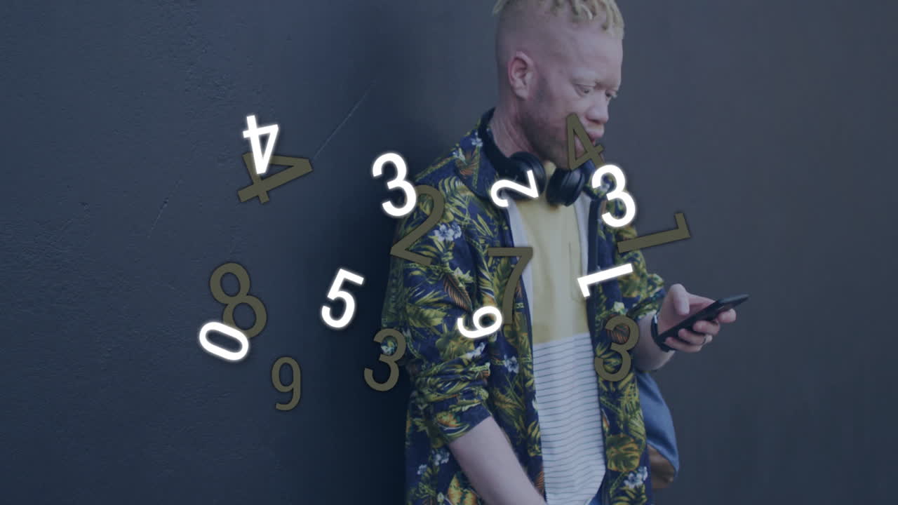 Man using smartphone with floating numbers animation over dark background