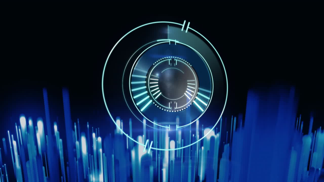 Animation of glowing blue bars and circular graphics in futuristic digital interface