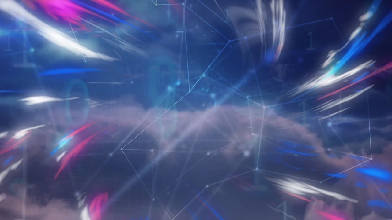animaciones de la red de conexiones sobre luces azules y rosadas en un cielo nublado