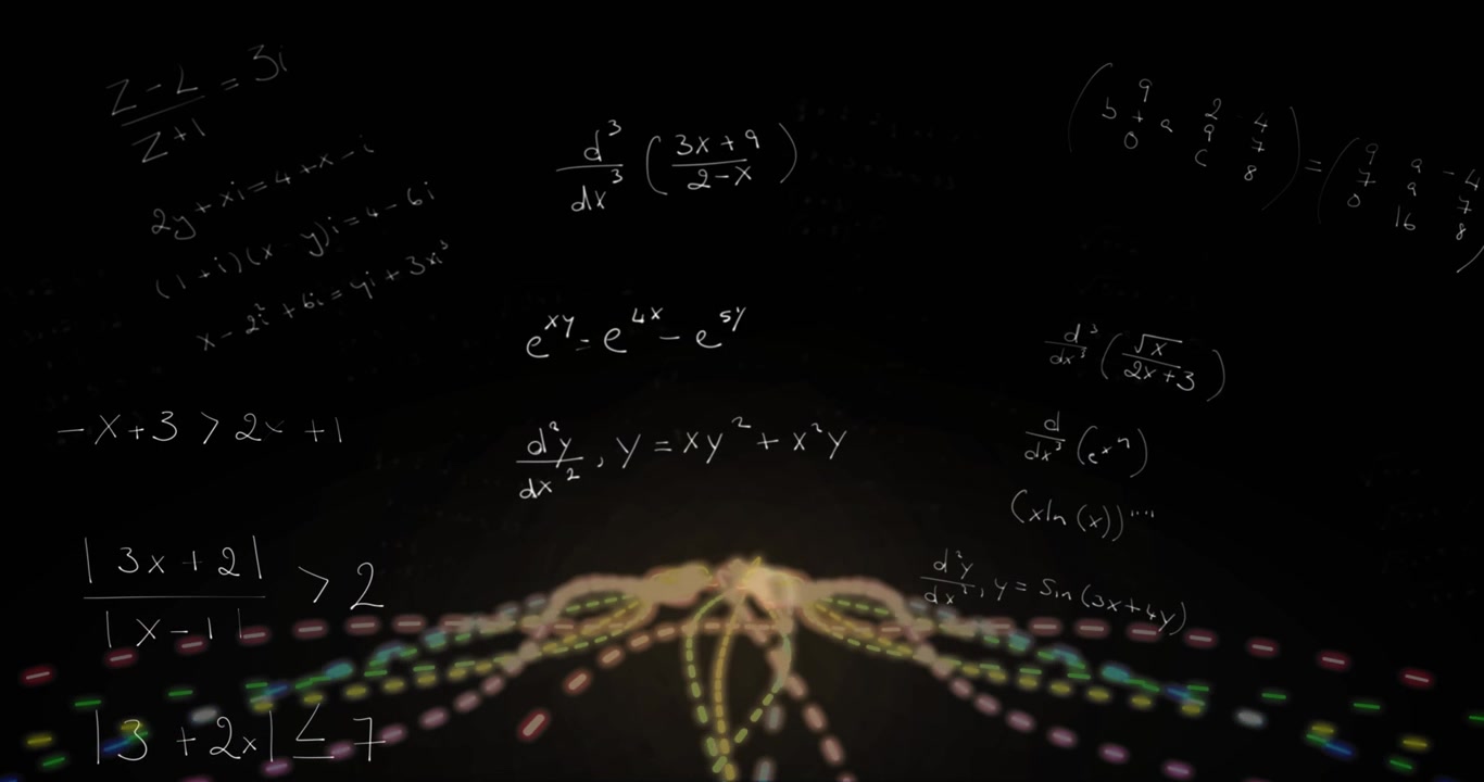Multi-colored dots clustering and streaming in arcs while formulas drifting illustrating math flow