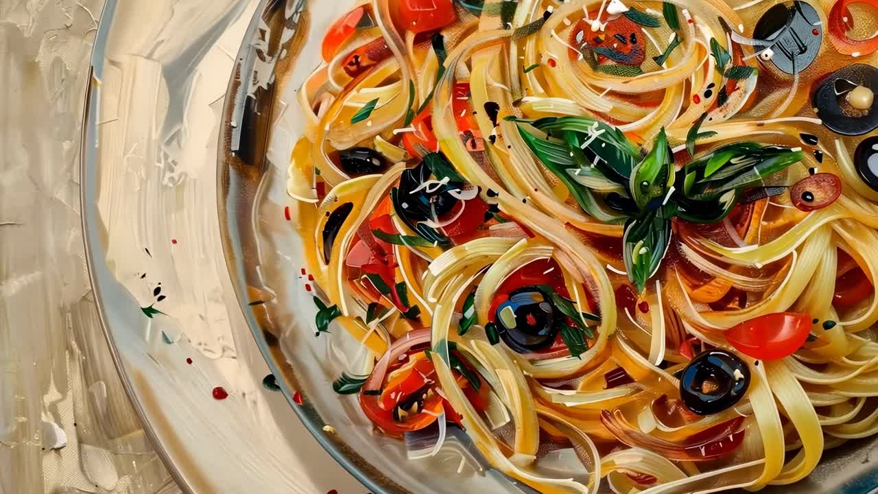 Artistic video still of spaghetti with tomatoes and olives, top-down angle, vibrant brushstroke