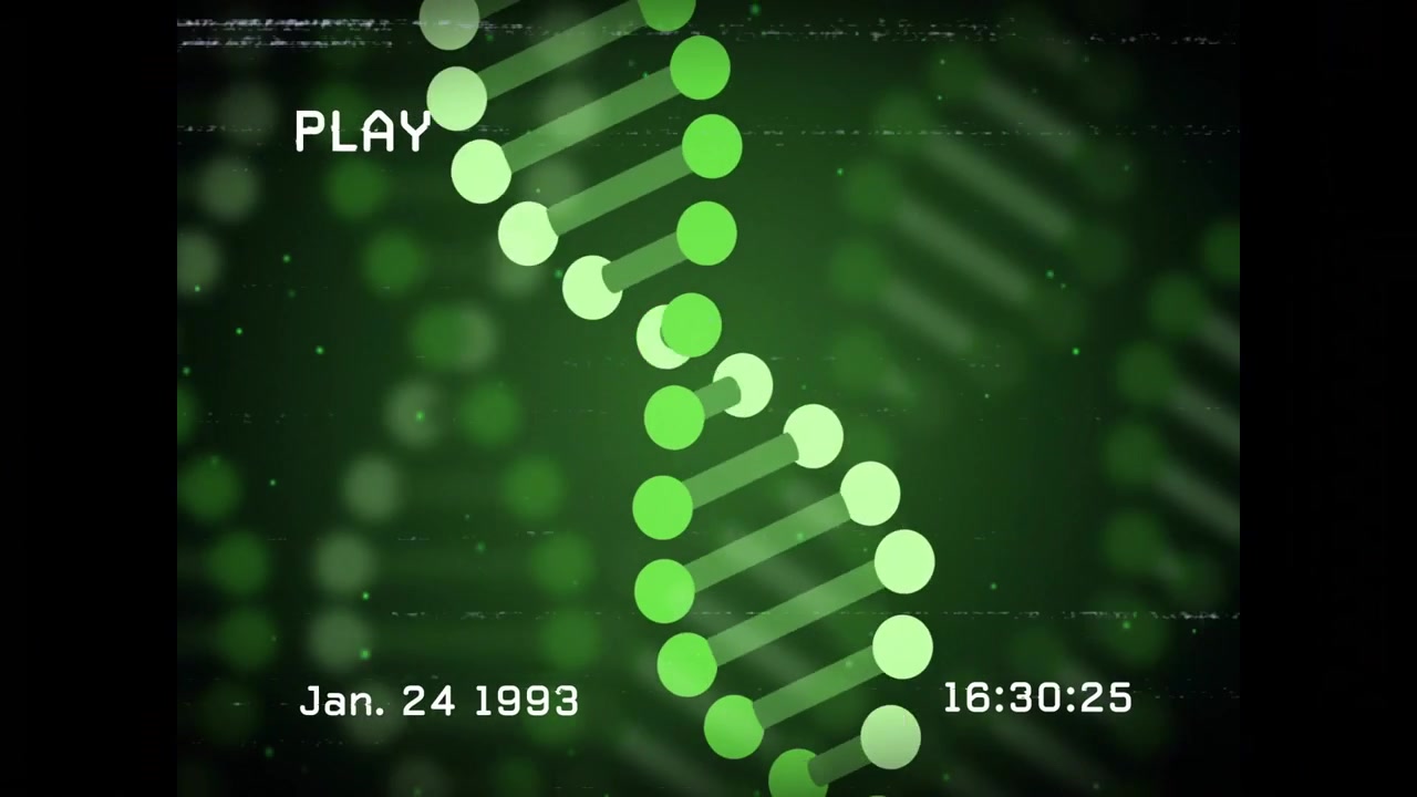 Top-right nodes appearing, forming rotating DNA double helix, visualizing retro VHS playback motif