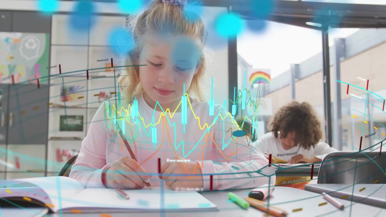 Girl writing workbook while pencil motion sparking data charts sweeping across class for education