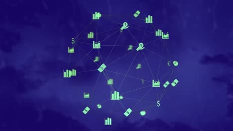 animación de globo de iconos digitales girando contra tormentas eléctricas y nubes oscuras en el cielo