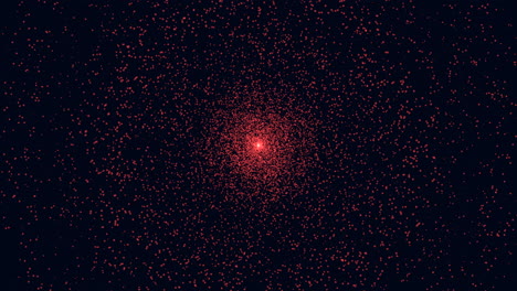 Flying small red glitters and neon light dust in dark galaxy