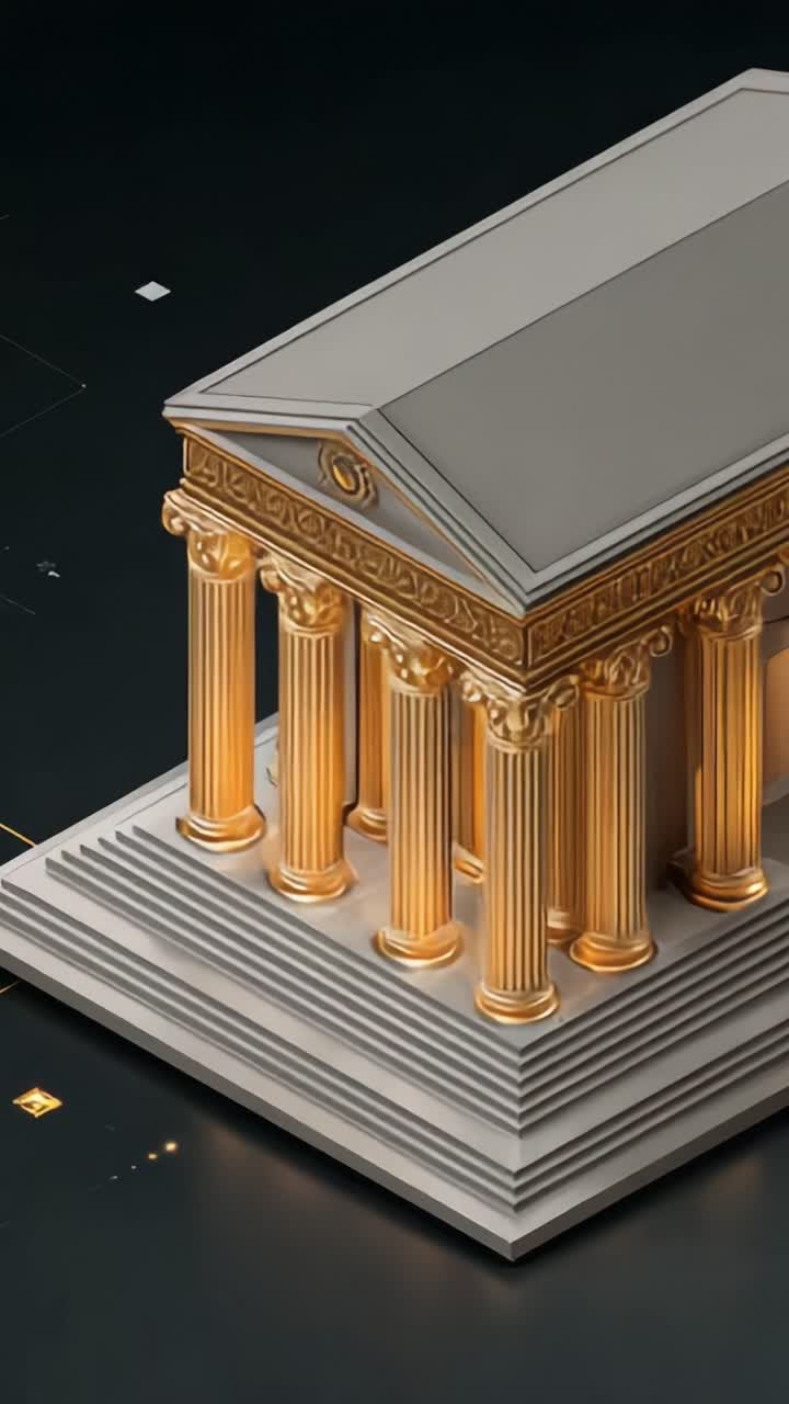 Rappresentazione 3D dettagliata di una struttura di un tempio antico con colonne dorate e intricate caratteristiche architettoniche, renderizzata su uno sfondo digitale
