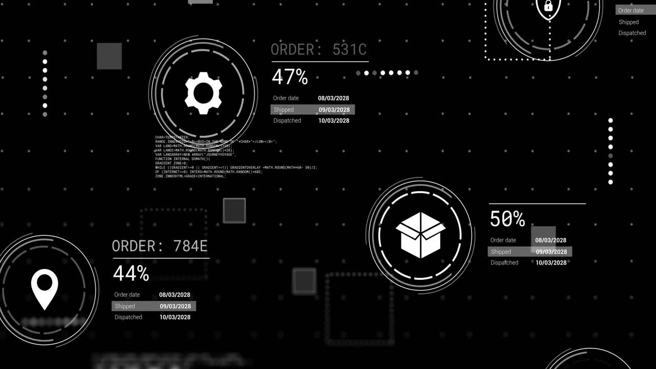 Animation of icons and data processing over black background