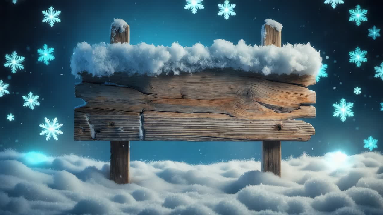 Winter Snowfall with Blank Wooden Sign and Glowing Snowflakes