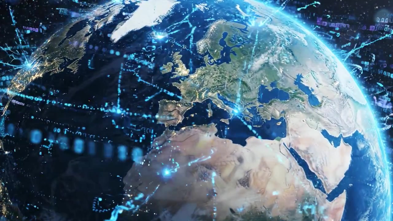 Transformative Energy Waves Emanating from Earth Surrounded by Digital Data Streams in a Cosmic Context, Illustrating Global Connectivity and Technology Integration