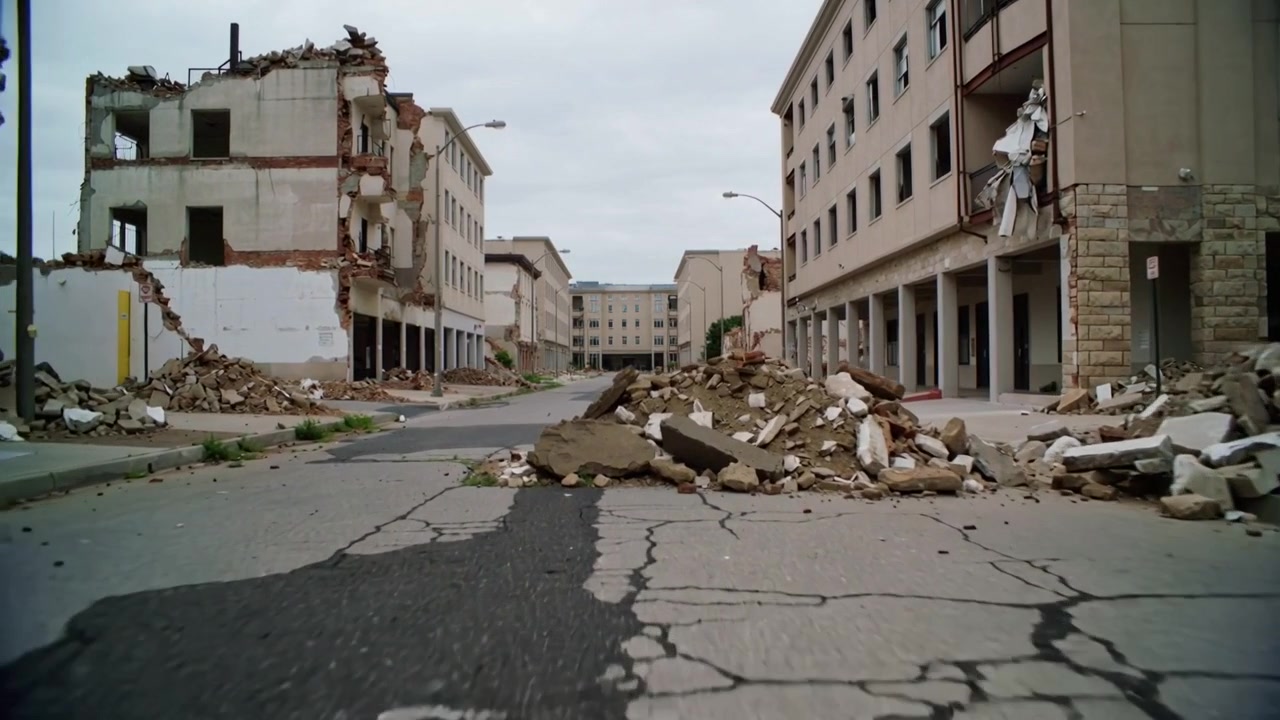 Câmera em movimento revelando escombros bloqueando rua urbana, documentando desabamento de prédio e lixeira amarela.