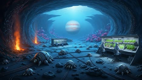 exploring a vibrant underwater lab with advanced technology and flora amidst alien landscapes beneath the light of a distant gas giant