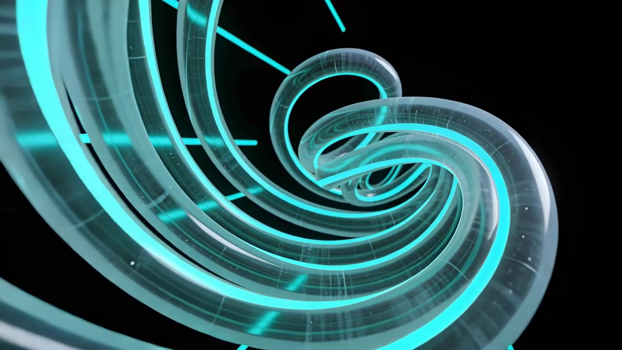 Advancing camera showing rotating coiled tubes winding inward in black void, revealing cyan rods