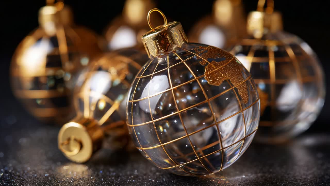 Elegant Glass Ornaments Featuring a World Map Design, Perfect for Holiday Decorations, Combining Reflective Surfaces and Gold Accents that Create a Festive Atmosphere for Celebrations and Gatherings