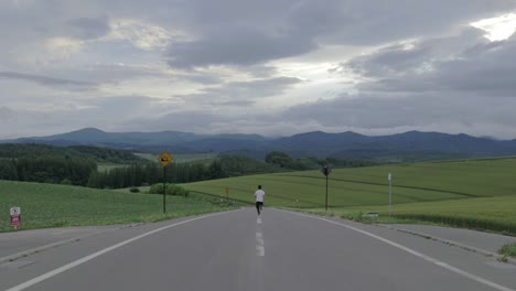 Hombre-Corriendo-Recto-En-La-Franja-Blanca-De-La-Carretera-Asfaltada-De-Campo-Vacío,-Vista-Trasera